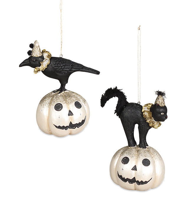 All Hallows Eve Crow & Cat on Pumpkin Ornaments