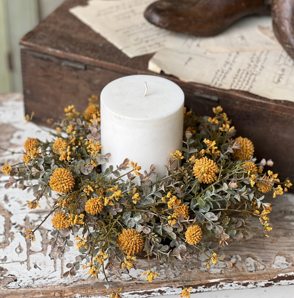 "Fall Flower Candle Ring, Mustard Yellow"