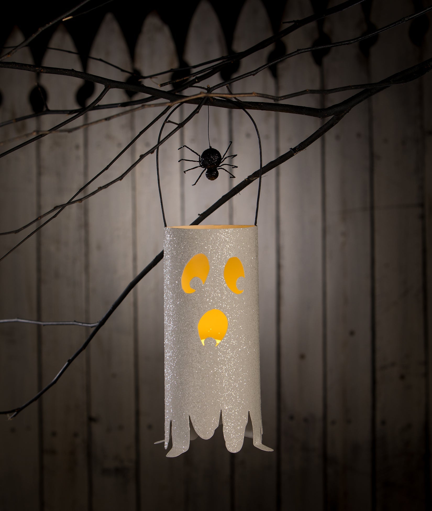 Hanging Ghost Lantern with Spider by Bethany Lowe
