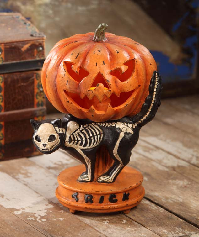 Haunted Skeleton Cat with Pumpkin
